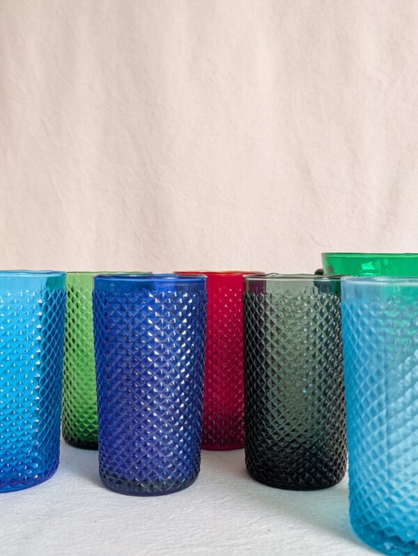 Verres colorés vintage + sot à glaçons années 60 70